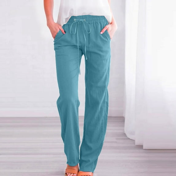 SELONE Wide Leg Linen Pants for Women Plus Size Drawstring Baggy Wide Leg Casual Long Pant Straight Leg Fashion Solid Color Elastic Loose Pants Trousers Pants for Everyday Wear Sky Blue XL