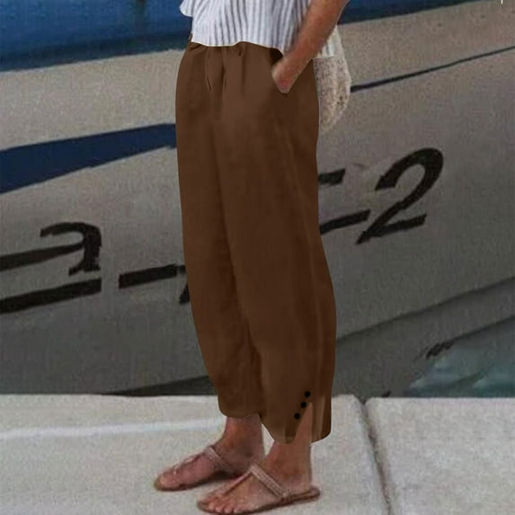 SELONE Pull on Dress Pants for Women Plus Size Brown Lounge Pants with Pockets Cotton Linen Elastic Waist Cropped Trouser Loose Beach Pants Drawstring Solid with Buttons S Tall Summer Clothes