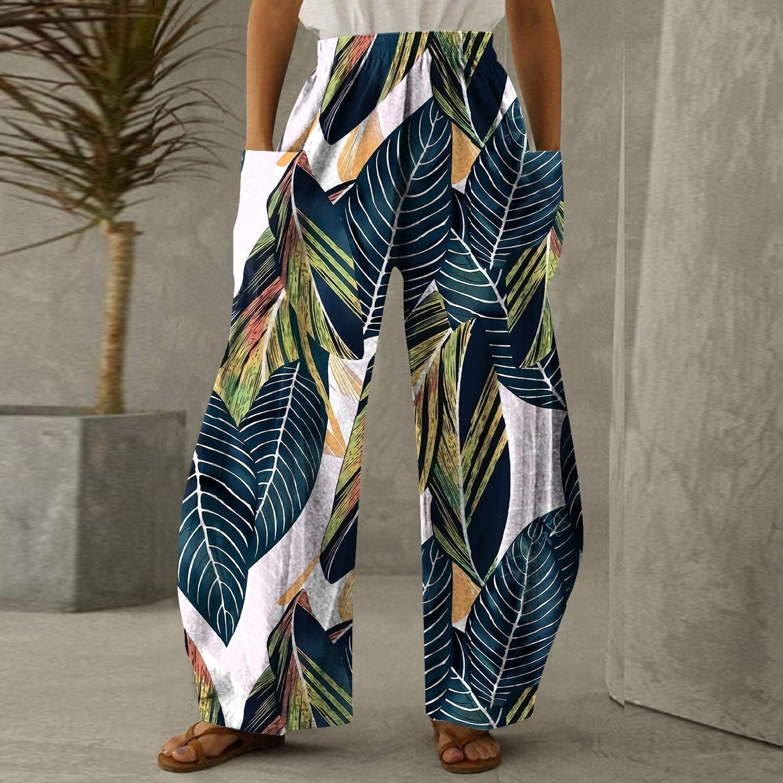 Women Casual Beach Wide Leg Trousers Elastic Waist Vintage Floral Print  Trousers Long Palazzo Pants with Pockets