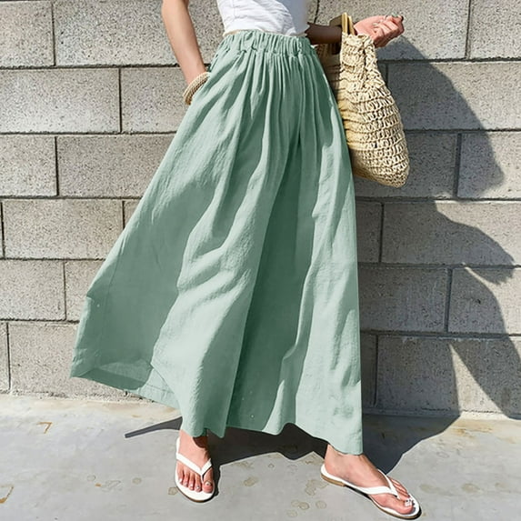 SELONE Wide Leg Linen Pants for Women With Pockets Wide Leg Elastic Waist Casual Summer Long Pant Fashion Solid s for Everyday Wear Running Errands Going to Work Casual Event Light Blue Free Size
