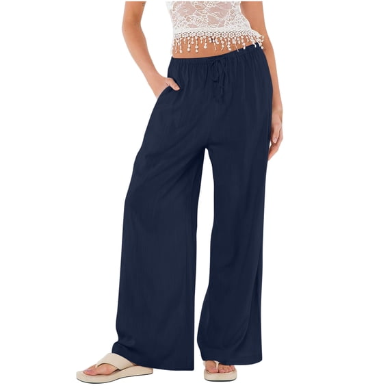 SELONE Wide Leg Linen Pants for Women High Waist Cotton Linen Athletic Pants Ankle Length Baggy Lounge Trousers Navy 2XL