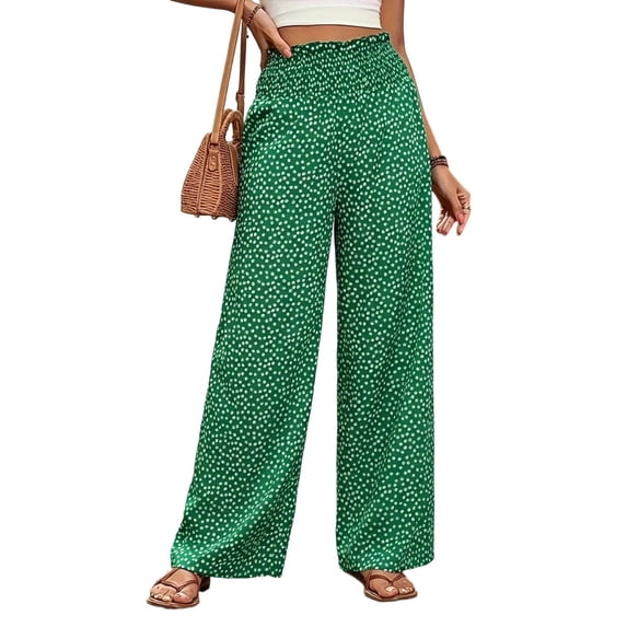 SELONE Wide Leg Pants for Women High Waisted Pants Elastic Waist Polka Dot Trousers with Pockets Full Green S