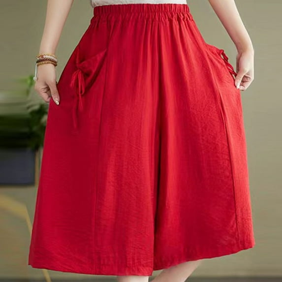 SELONE Wide Leg Crop Pants Plus Size Mid Rise with Pockets Cotton Linen Go Out Pants Baggy Wide Leg Lounge Trousers Red L