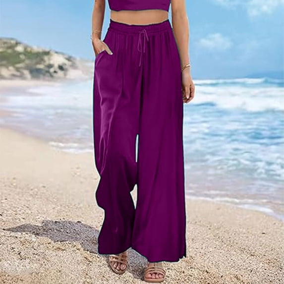 SELONE Wide Leg Trousers for Women Dressy Plus Size Workout Pants with Pockets Wide Leg Full Length Loose Casual Long Workout Pants for Work out Solid Yoga Purple L Tall Breathable Gym Clothes