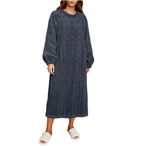 Lorytime Winter Nightgowns for Women Plus Size Flannel Bathrobes Crewneck Long Sleeve Sleepwear Soft Loungewear Gray L