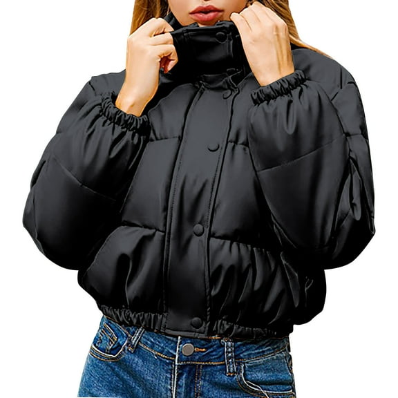 SELONE Winter Puffer Jackets for Women Cropped Winter Coat Zipper Long Sleeve Mock Neck Tops with Pockets Outerwear 2XL
