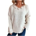 thumbnail image 1 of SELONE Winter Sweaters for Women Embellished Knitted Tops Crewneck Long Sleeve Pullover Spring Soild Knitwear Beige L, 1 of 6