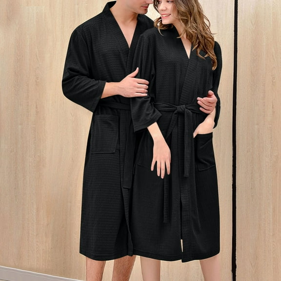 Lorytime Women Bathrobes with Pockets Belt Lightweight Nightgowns V Neck Long Sleeve Pajamas Elegant Sleepwear Black M