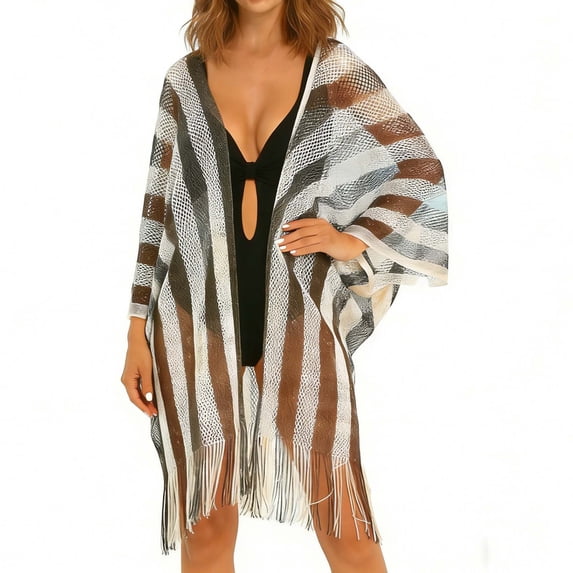 SELONE Women Black Swimsuit Cover up Crochet Cardigans Long Sleeve Stripe Bathing Suit Fringe Short Outerwear