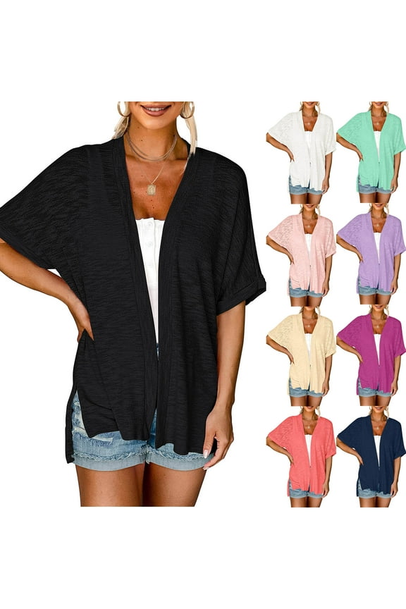 Women Casual Lightweight Short Sleeve Cardigan Trendy Flowy Open Front Cardigan Dressy Jacket Everyday Wear Beach Vacation Outfits Trendy Going Out Cardigan Resort Wear
