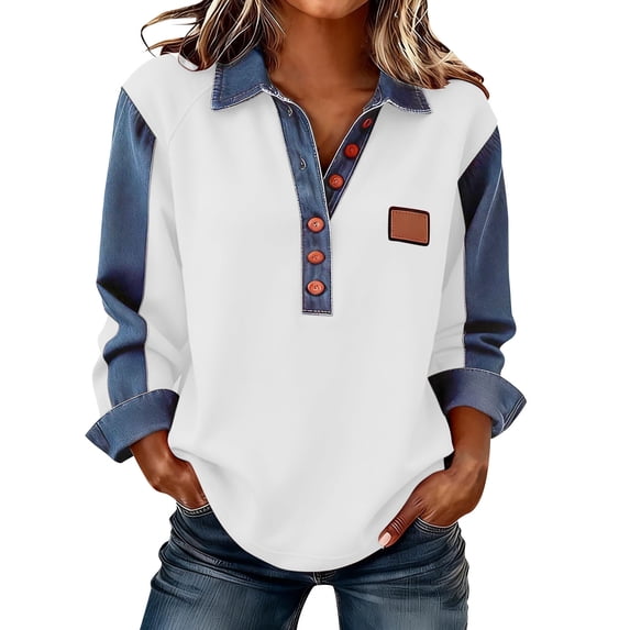 SELONE Women Denim Patchwork Sweatshirt Button Collared Shirt Long Sleeved Bussiness Tops Color Block Pullover White XL