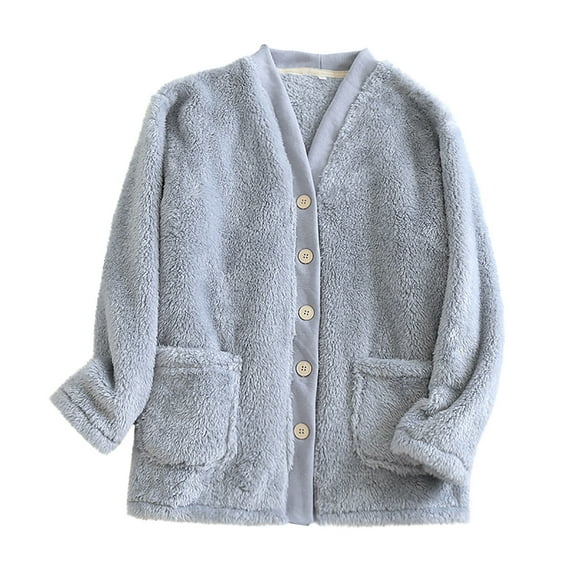 Lorytime Women Fleece Bathrobe Thermal Button Short Nightgown V Neck Long Sleeve Pajamas with Pockets Warm Sleepwear