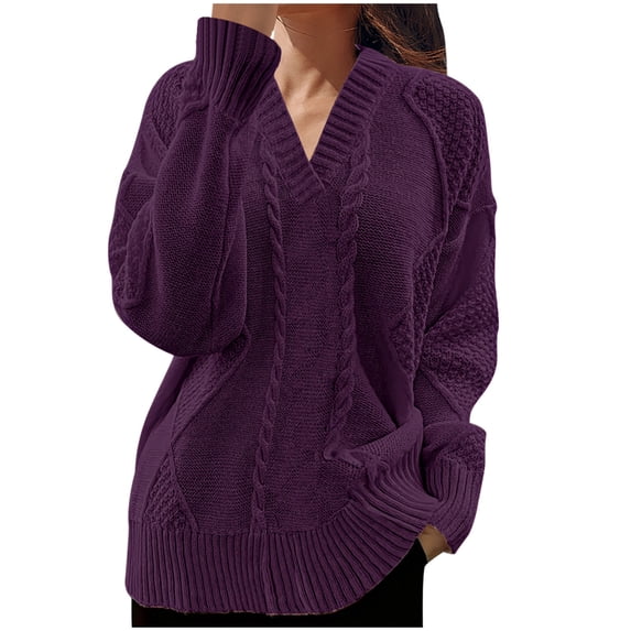 SELONE Women Long Sweaters for Fall Knitted Tops V Neck Long Sleeve Pullover Oversized Spring Soild Knitwear Purple S