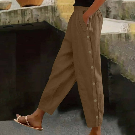 SELONE Women Lounge Pants Loose Brown Plus Size Lounge Pants with Pockets Cotton Linen Elastic Waist Cropped Trouser Casual Beach Pants Solid with Buttons Tapered M Tall Breathable Summer Clothes