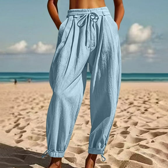 SELONE Women Lounge Pants Loose Plus Size Lounge Pants with Pockets Cropped Trouser Casual Long Beach Pants Drawstring Pull on Solid Straight Lightweight Blue M Tall Breathable Summer Clothes
