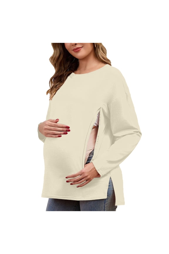 Women Maternity Shirts for Work Bump Flattering Hidden Zipper Tops Crewneck Long Sleeve Pullover Clothes