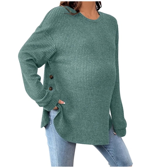 SELONE Women Maternity Tank Tops Ribbed Curved Hem Pregnant Shirt Crewneck Long Sleeve Stretchy Pullover Soild Clothes