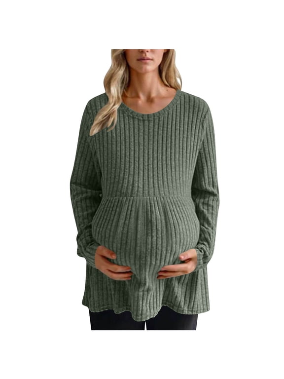 Women Maternity Tops Casual Stretchy Side Ruched Pregnant Shirts Crewneck Long Sleeve Pullover Soild Clothes