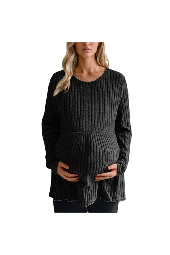Women Maternity Tops Casual Stretchy Side Ruched Pregnant Shirts Crewneck Long Sleeve Pullover Soild Clothes
