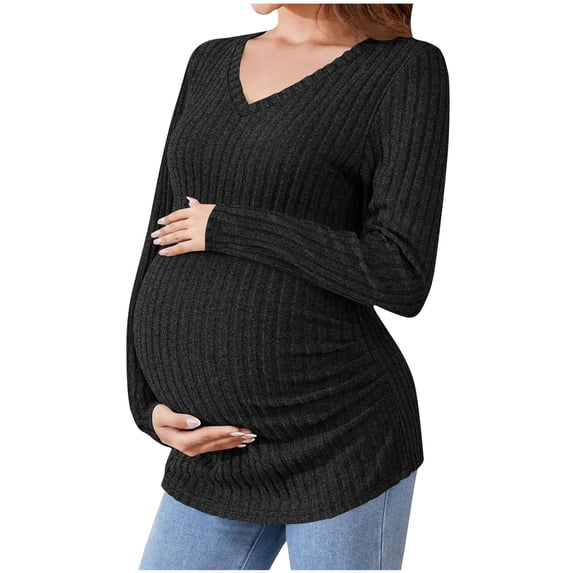 SELONE Women Maternity Tops Ribbed Stretchy Shirts Crewneck Long Sleeve Curved Hem Soild Pullover Soild Clothes