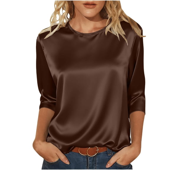 SELONE Satin Blouses for Women 3/4 Sleeve Dressy Shirt Crew Neck Business Tops Soild Spring Fall Clothes Brown L