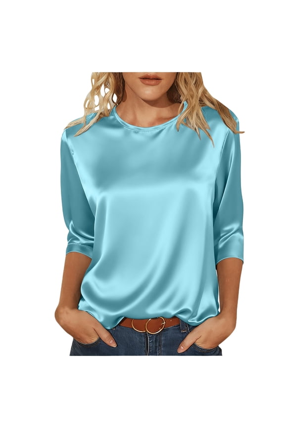 Satin Blouses for Women 3/4 Sleeve Dressy Shirt Crew Neck Business Tops Soild Spring Fall Clothes Blue XL