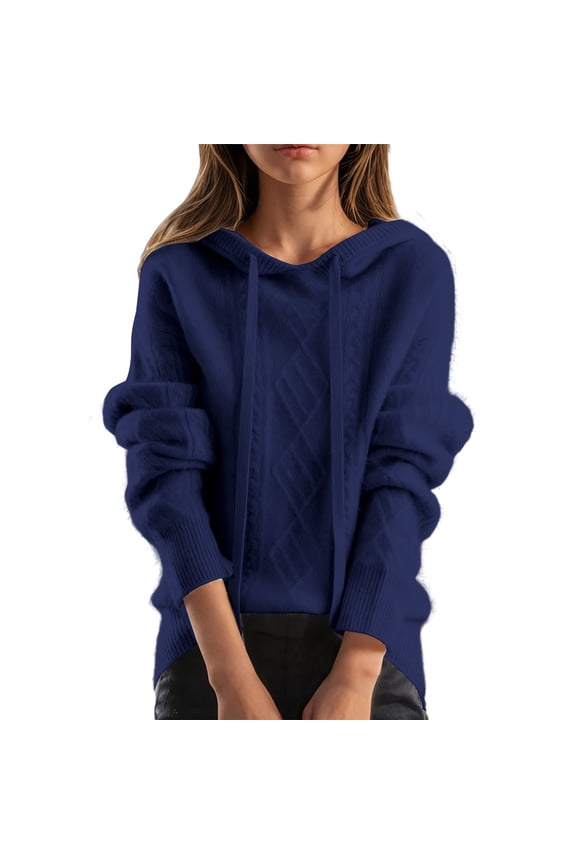 Women Sweaters for Work Drawstring Tops V Neck Long Sleeve Pullover with Hoodies Spring Soild Knitwear Blue L