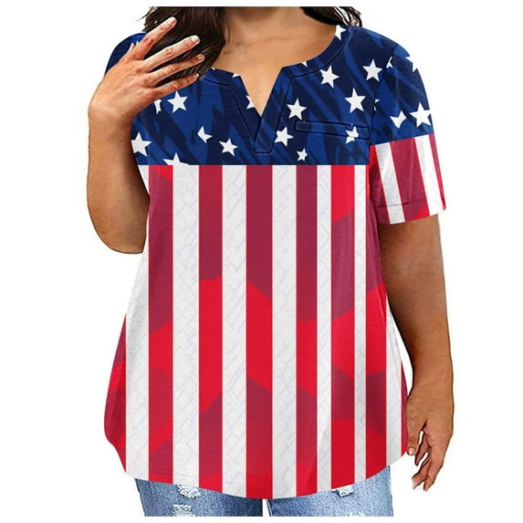 SELONE Women T Shirts American Themed Plus Size Short Sleeve Notch Neck Pride Day Apparel Red White Blue Wear Clothes July 4 Gifts Activewear 4XL