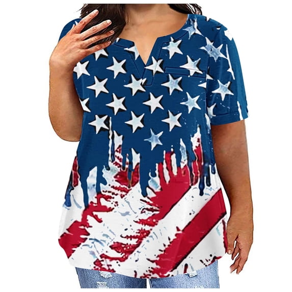 SELONE Women Tshirts American Flag Plus Size Short Sleeve Notch Neck USA Themed Apparel Red White Blue Wear Clothes 4th July Gifts Activewear 5XL