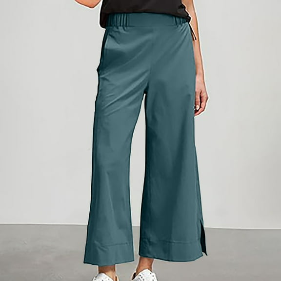 SELONE Women Wide Leg Pants Pockets Plus Size Lounge Pants Cotton Linen Wide Leg Cropped Trouser Loose Casual Long Beach Pants Pull on Solid Lightweight Blue M Tall Breathable Summer Clothes
