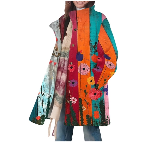SELONE Women Winter Jackets with Pockets Mid Printed Fleece Coat Button Long Sleeve Collared Outerwear Soft Tops Multicolor XL