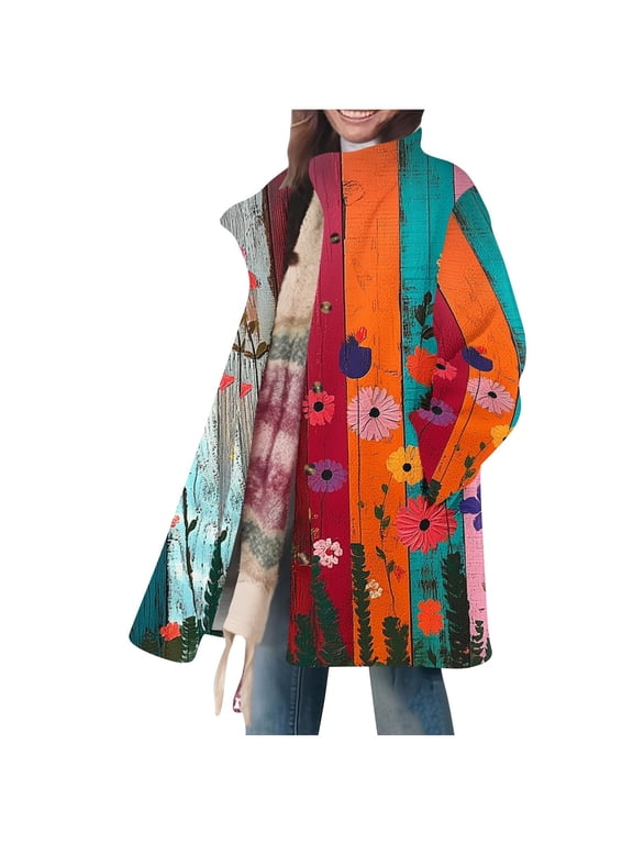 Women Winter Jackets with Pockets Mid Printed Fleece Coat Button Long Sleeve Collared Outerwear Soft Tops Multicolor XL
