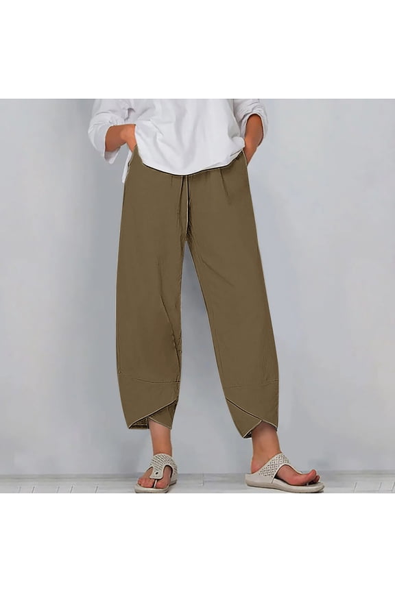 Women's Casual Pants Pull up Pants Coffee Mid Waist Plus Size Lounge Pants Cropped Trouser Pants Loose Beach Pants Pull on Solid Soft Straight Leg Lightweight Comfy S Breathable Summer Clothes