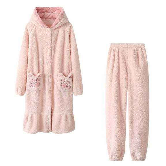 Lorytime Women's Lightweight Fleece Bathrobe Button Bathrobes Long Sleeve Hoodies Pajamas with Pockets Sleepwear Pink L