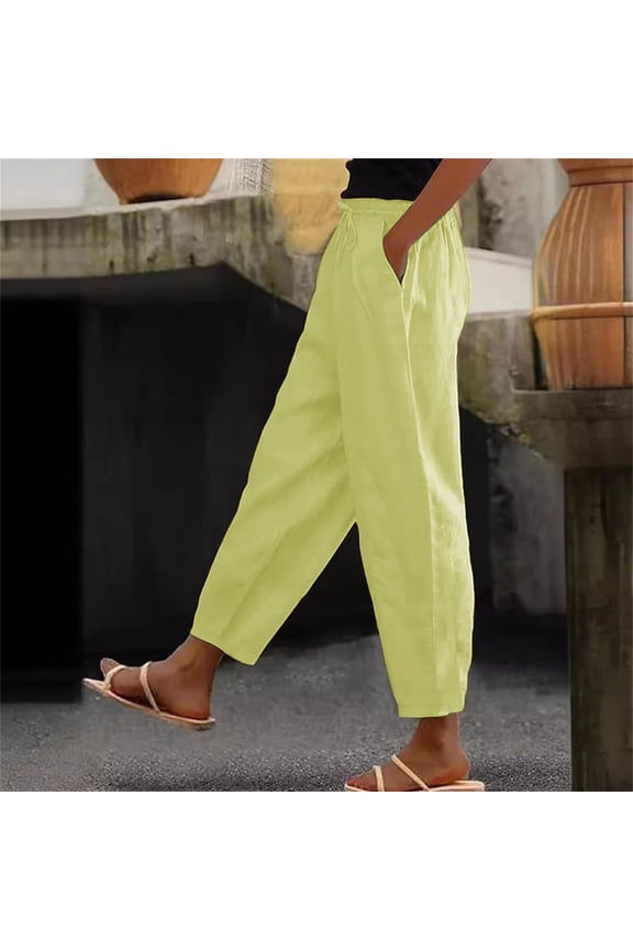 Women's Lounge Pants with Pockets Long Length Plus Size Lounge Pants Elastic Waist Cropped Trouser Casual Beach Pants Drawstring Solid Tapered Yellow XL Tall Breathable Summer Clothes