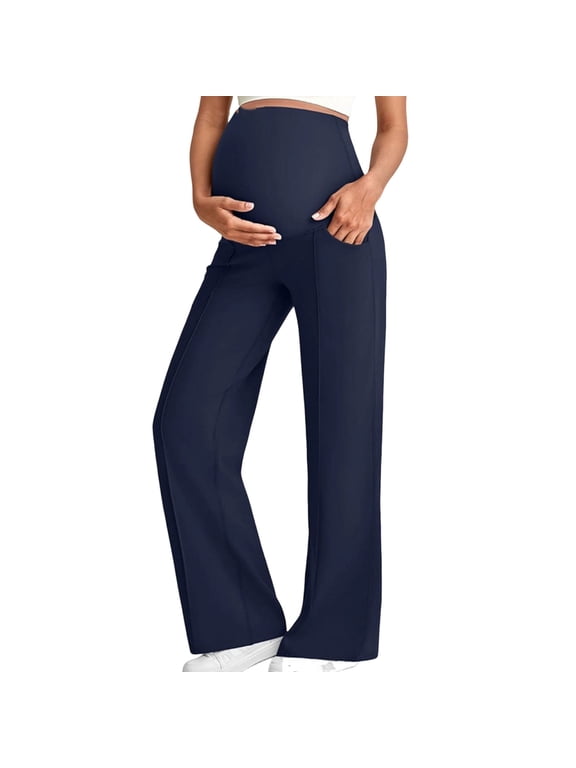 Women's Maternity Straight Pants for Work Stretchy Over The Belly Trousers High Waisted Bottoms Fleece Outwear