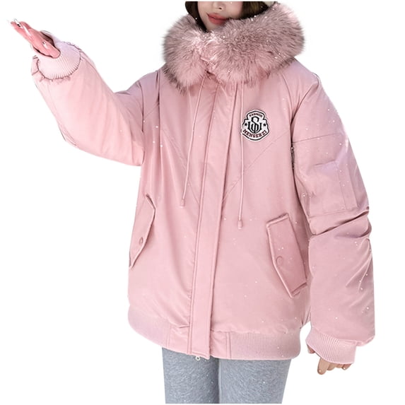 SELONE Women's Puffer Jacket Short Winter Coat Plush Hooded Zipper Long Sleeve Outerwear with Pockets Soild Tops Pink M