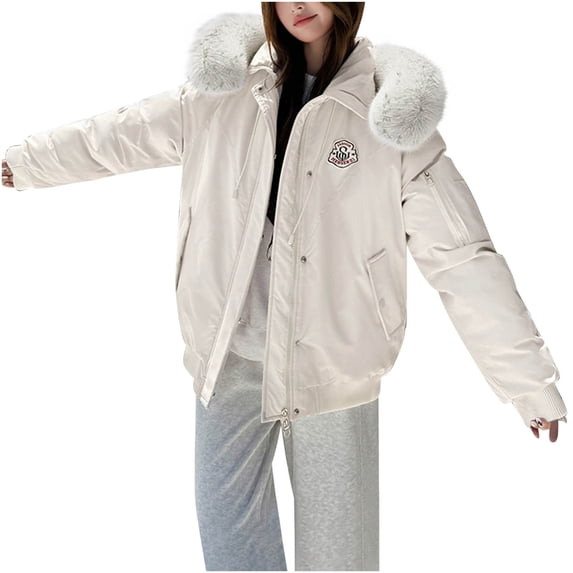SELONE Women's Puffer Jacket Short Winter Coat Plush Hooded Zipper Long Sleeve Outerwear with Pockets Soild Tops White XL