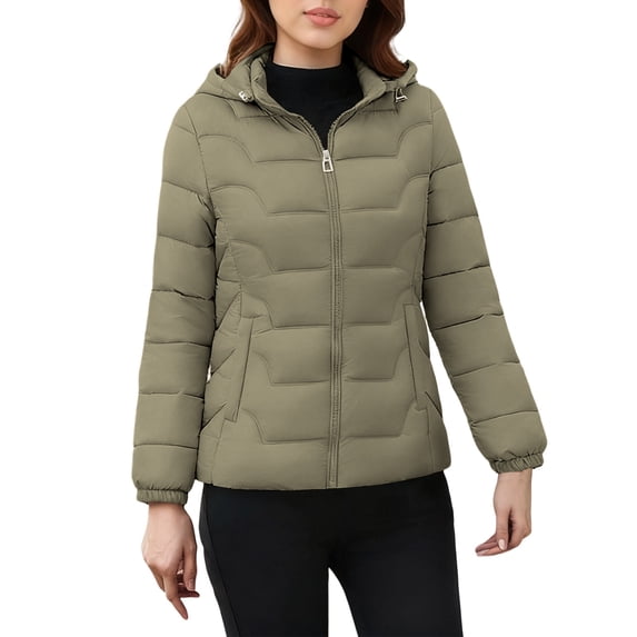 SELONE Women's Puffer Jacket with Hood Short Length Coats with Pockets Zippered Mock Neck Long Sleeve Tops Solid Outerwear