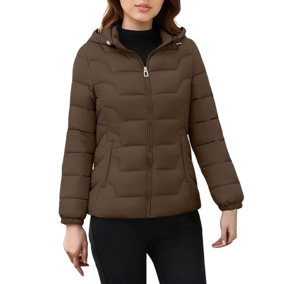 SELONE Women's Puffer Jacket with Hood Short Length Coats with Pockets Zippered Mock Neck Long Sleeve Tops Solid Outerwear