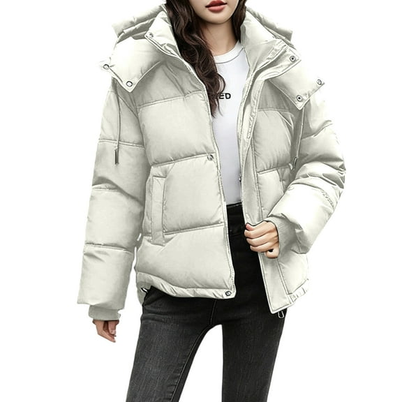SELONE Women's Puffer Jackets with Hoods Short Winter Coat Zipper Long Sleeve Tops with Pockets Soild Outerwear White M