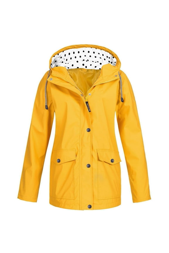 Women's Raincoat with Hood Lightweight Windproof Waterproof Long Sleeve Coat Plus Size Hooded Neck Mid-Length Zip Up Single Breasted Jacket Loose Casual Solid Outerwear with Pockets Yellow XS