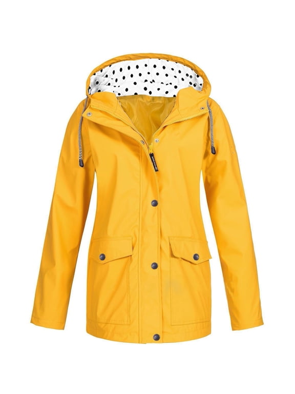 Women's Raincoat with Hood Lightweight Windproof Waterproof Long Sleeve Coat Plus Size Hooded Neck Mid-Length Zip Up Single Breasted Jacket Loose Casual Solid Outerwear with Pockets Yellow XS