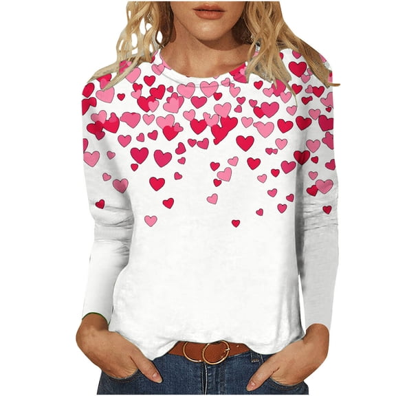 SELONE Women's Shirts Valentine's Day Heart Print Long Sleeve Pullover Crewneck Sweatshirt Casual Tops White 4XL