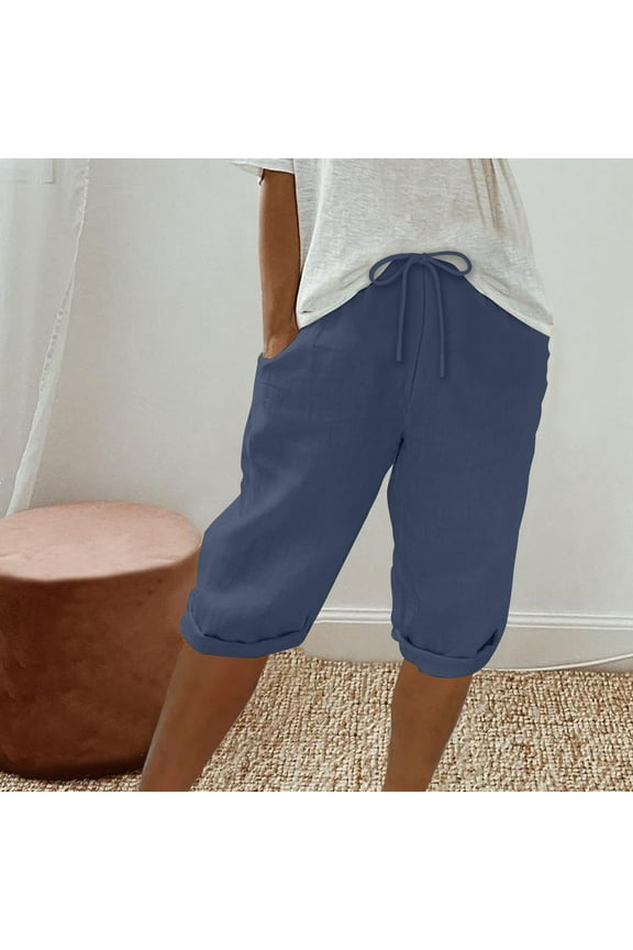 Women's Shorts Long Plus Size Mid Waist Lounge Pants Cotton Linen Bermuda Trousers Loose Casual Trendy Pants Drawstring Pull on Solid Lightweight Comfortable Blue XL Breathable Summer Clothes