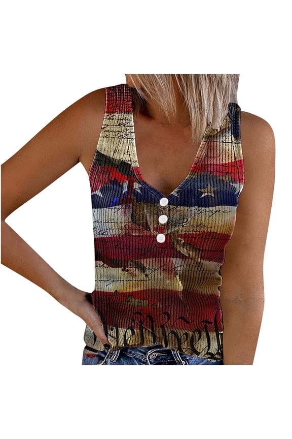 Women's Sleeveless Tops American Plus Size V Neck Button July 4th Apparel Red White Blue Wear Clothes Gifts Activewear M