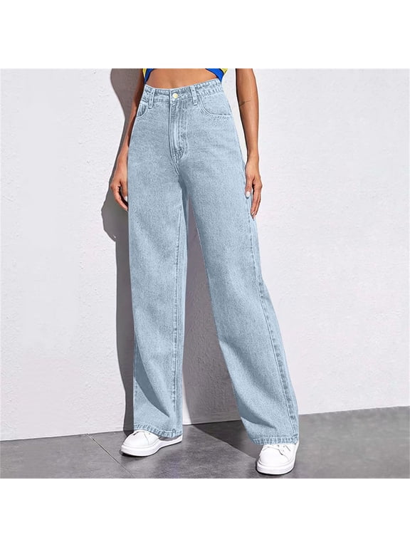 Women's Straight Leg Jeans Pull On Jeans Elastic Waist Denim Pants Casual Trousers with Pockets Light Blue XL