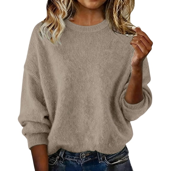 SELONE Women's Sweaters Casual Crewneck Knitted Tops Long Sleeve Pullover Casual Winter Soild Knitwear Brown M