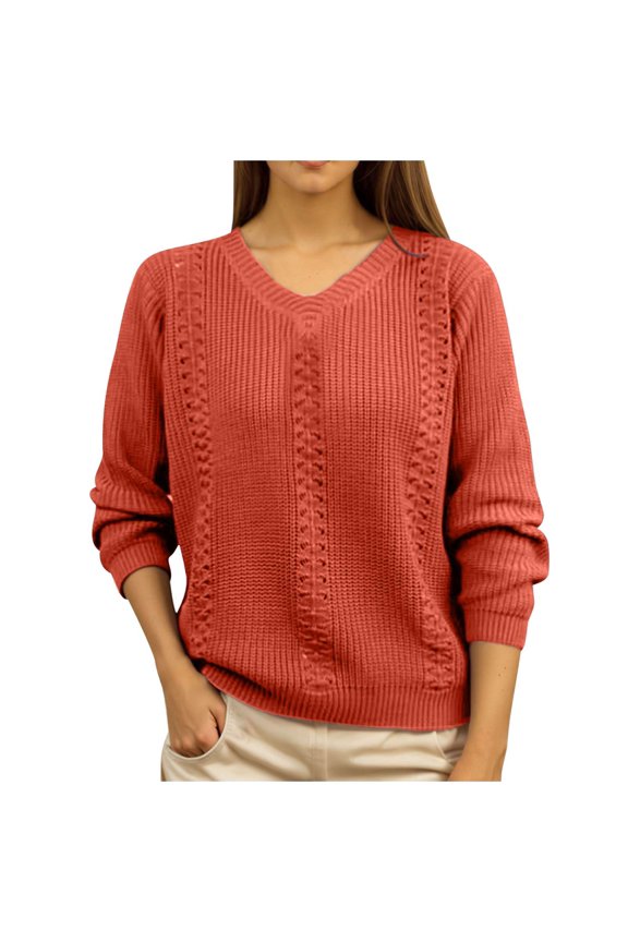 Women's Sweaters Lightweight Ribbed Tops V Neck Long Sleeve Pullover Oversized Winter Soild Knitwear Red S