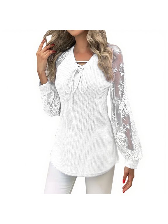 Women's Sweaters for Winter Drawstring Pullover V Neck Long Sleeve Knitwear Winter Soild Tops White 3XL